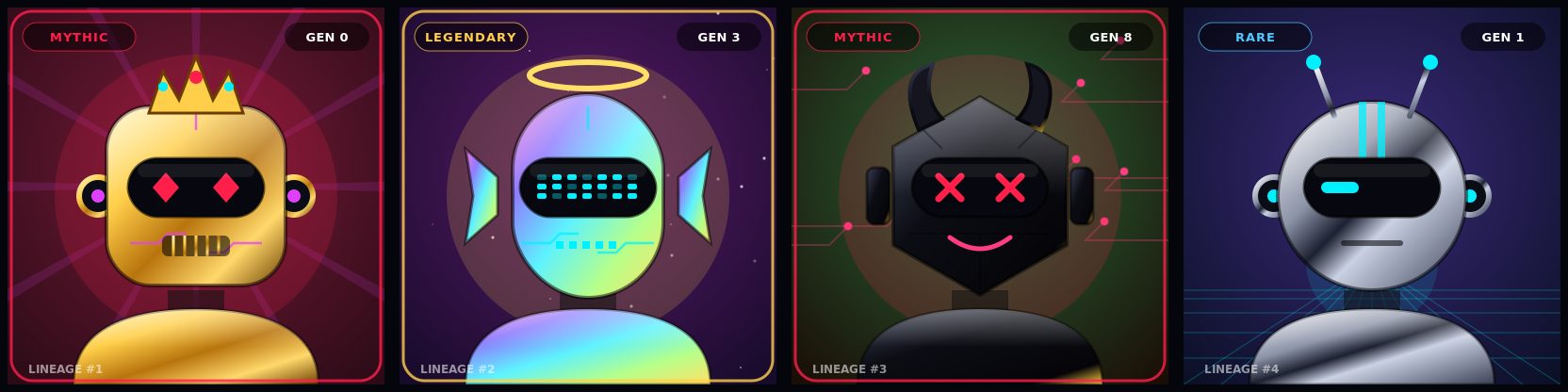 Four new Lineage droids: Mythic gold crown, Legendary holo halo, Mythic obsidian mutant, Rare chrome